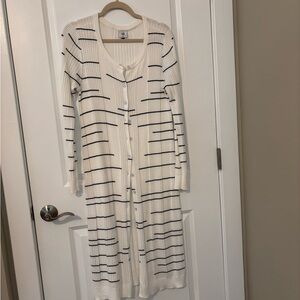 CAbi White and Black Striped buttoned Sweater. Size M with scoop neck.